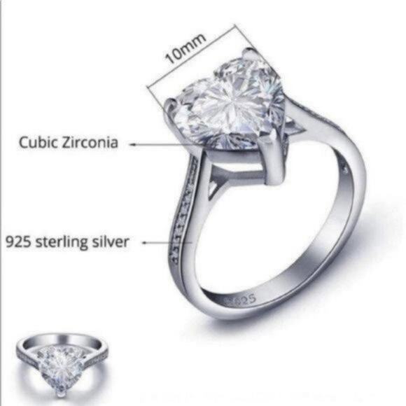 4 Carat Diamond Sterling Silver Heart Solitaire Ring Size 8 - Picture 9 of 11